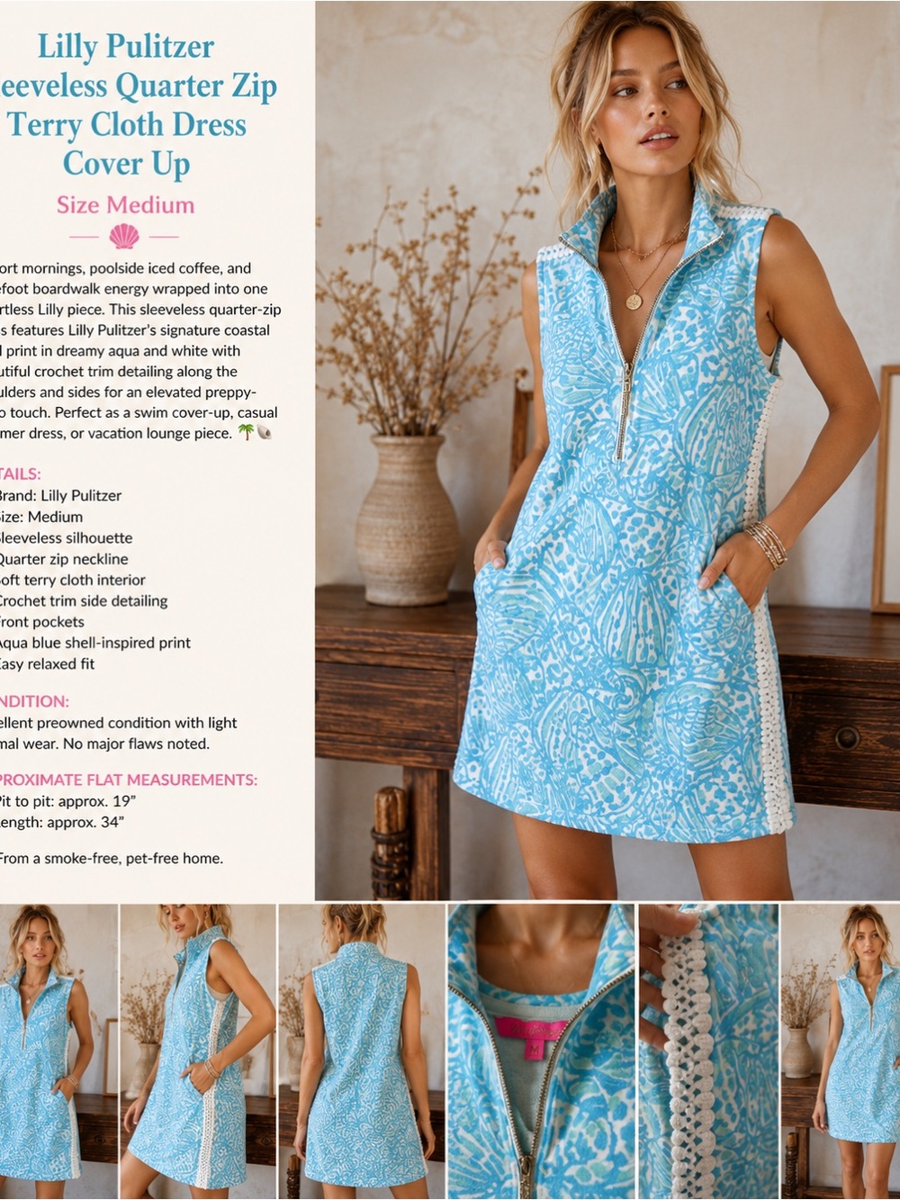 Lilly Pulitzer Sleeveless Quarter Zip Terry Cloth Shift Dress Cover Up Size Med